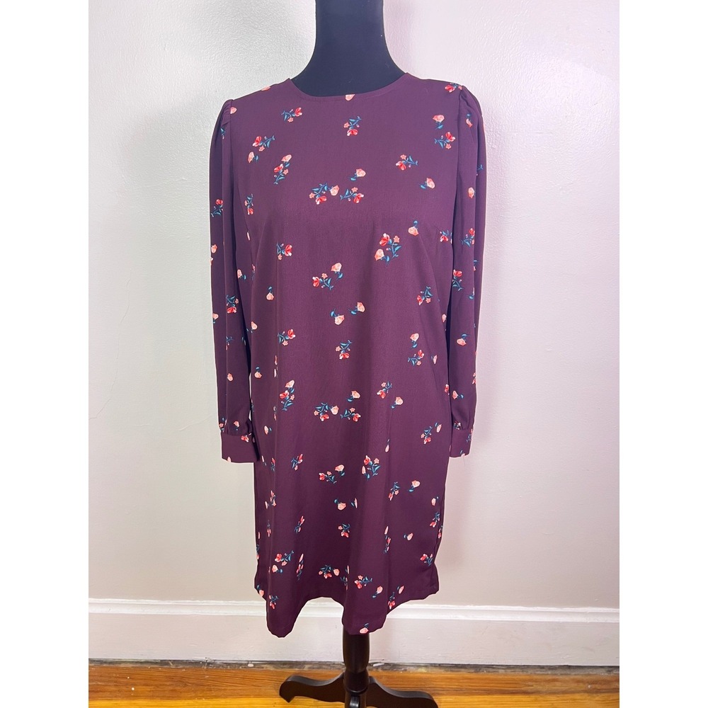 Old Navy Floral Shift Dress M Burgundy Long Sleeve Crew Neck Casual Mini Boho